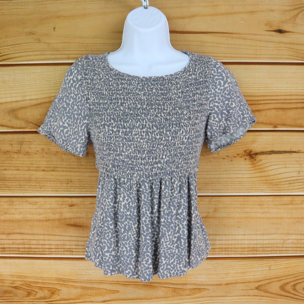 Short Sleeve Stretch Top‎ Flounce Womens S Gray Brown Animal Print Short Sleeve